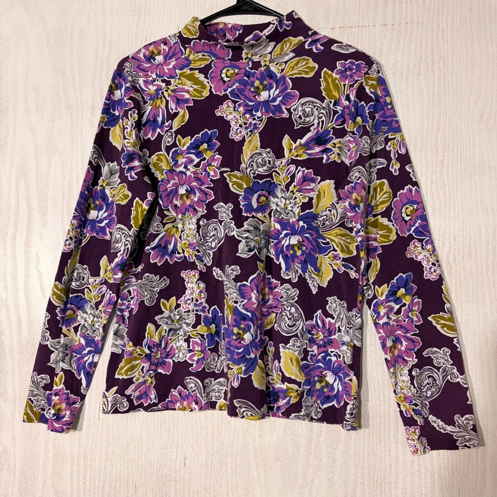 Croft & Barrow Floral Mock Neck Top Women PM Purple Long Sleeve STRETCH
